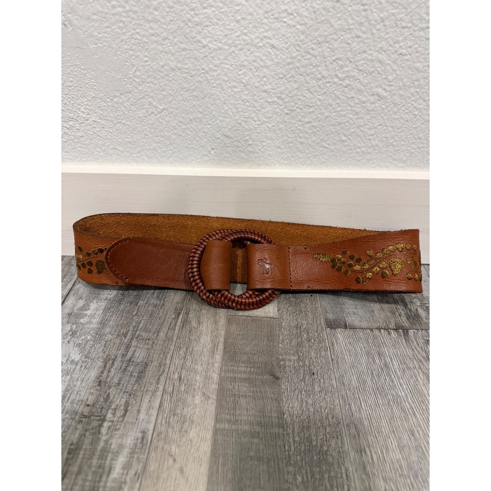 Abercrombie & Fitch Brown Leather Gold Floral Embroidered Ring Buckle Belt XS/S